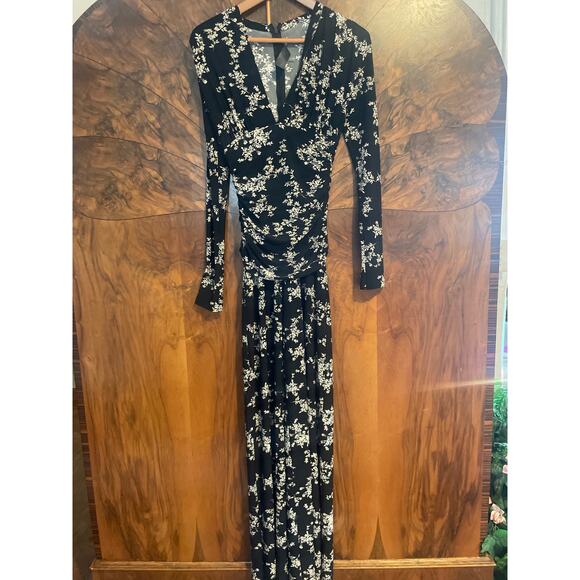 NORMA KAMALI Floral Print Shirred Jumpsuit STRETCHY SLINKY Wide Leg Black Sz XS - Picture 2 of 8